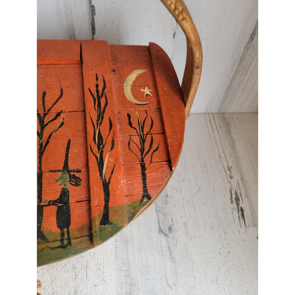 Unique vintage wooden trick or treat Halloween basket candy slot haunted house